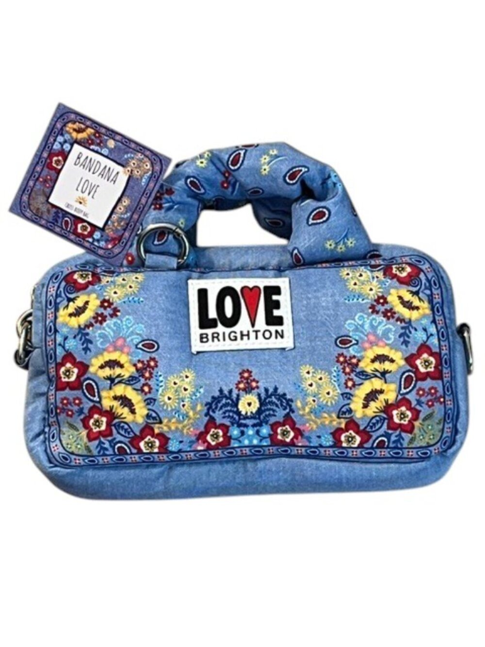 BRIGHTON Blue "Love" Bandana-Print Mini Satchel With Floral Embroidery NWT